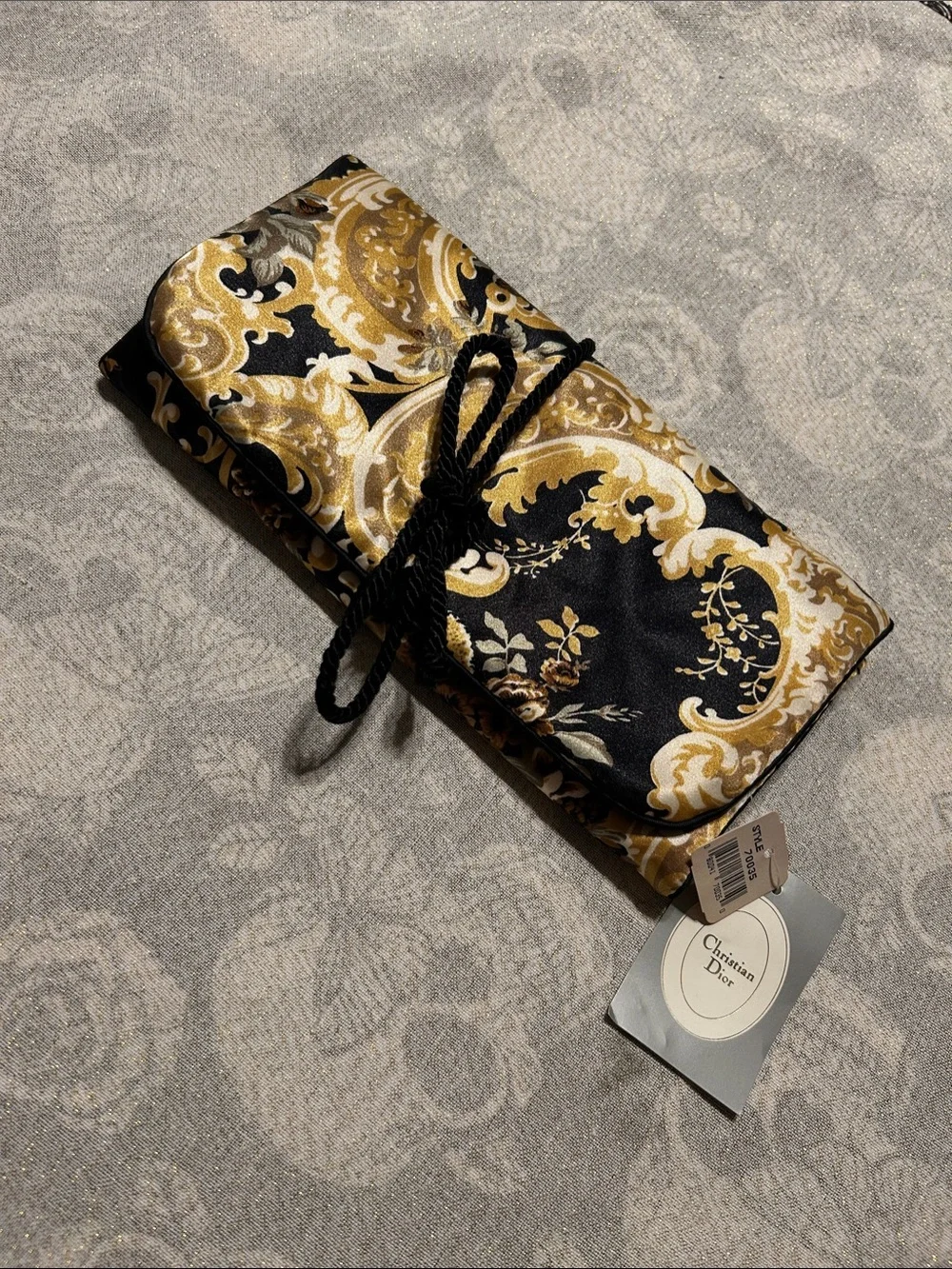 NWT Vintage Christian Dior Black & Gold Baroque cosmetic roll-up bag Deadstock